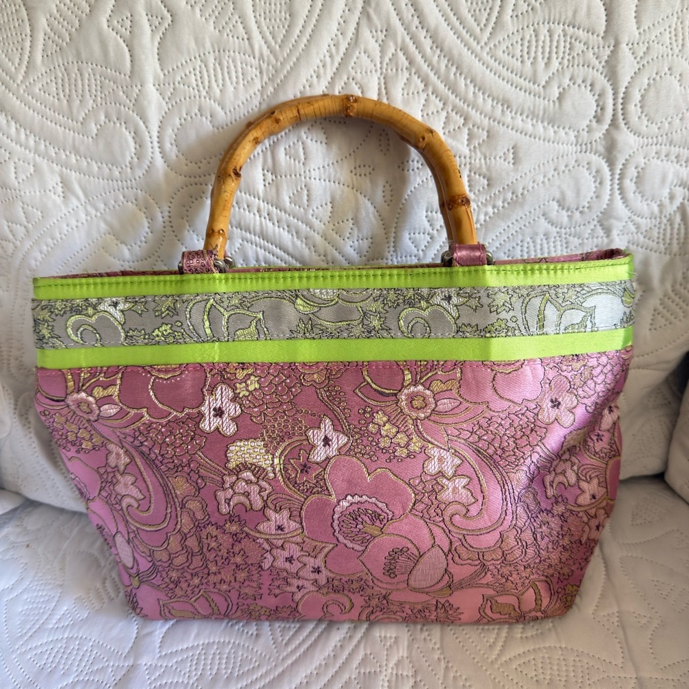 Pink floral Purse with bamboo handles